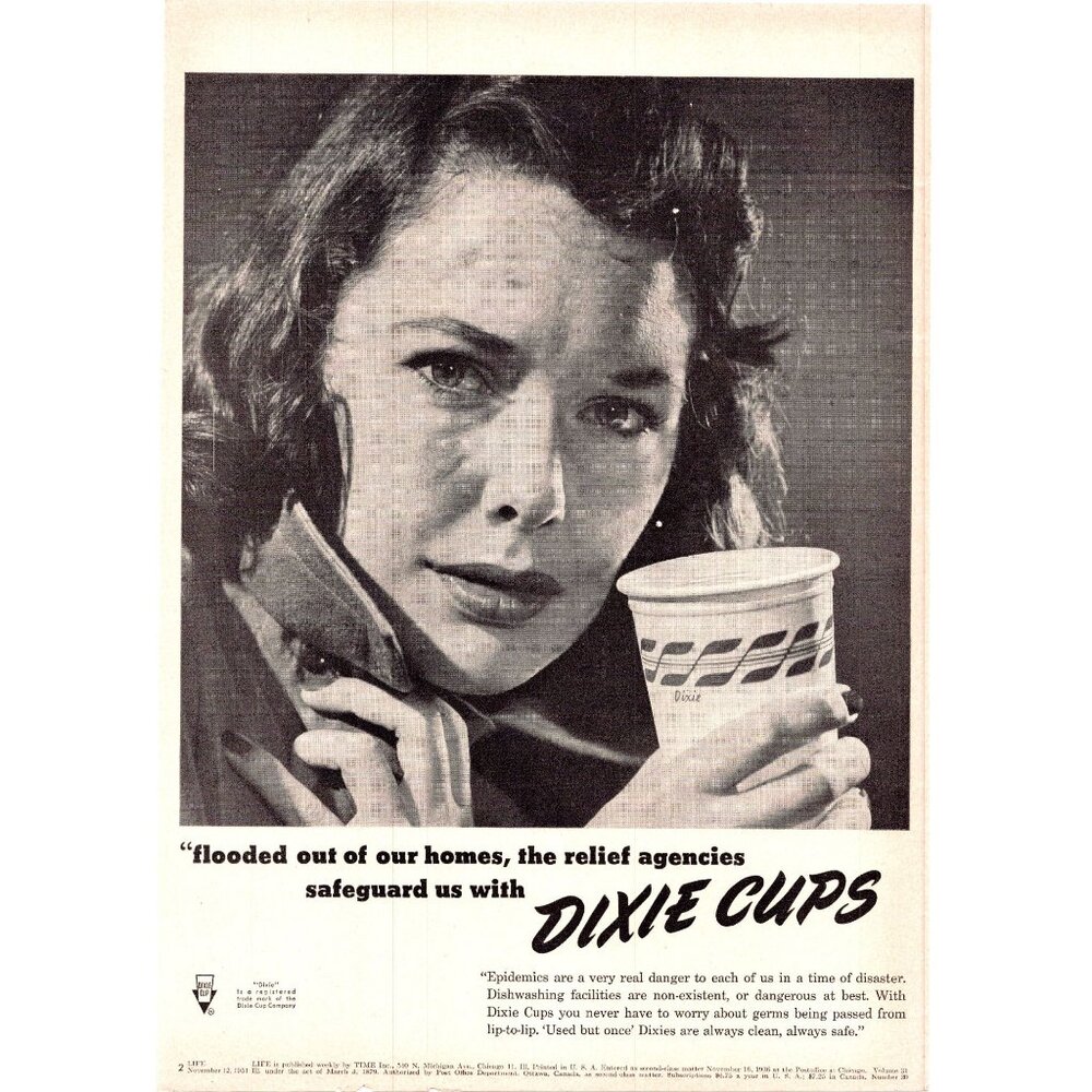 1951 Dixie Cups Disposale Cup Vintage Print Ad Woman in Coat 50s Wall Art